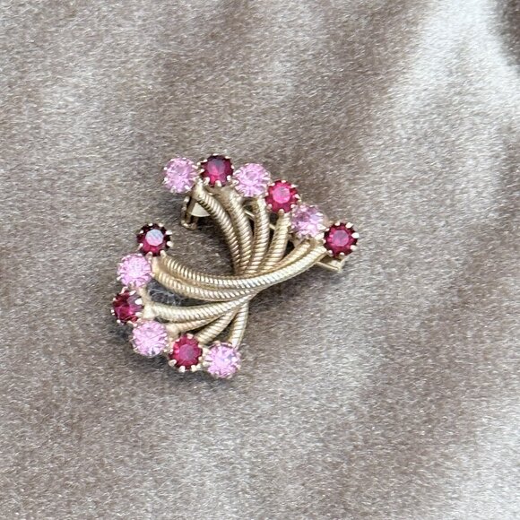 Vintage Rhinestone Pink and Red Brooch - Picture 1 of 3